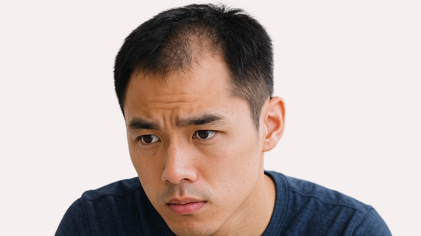 Muotokuva itäaasialaisesta miehestä, jonka etuhiusraja on vetäytynyt ja ohimoiden yläpuoli ohentunut.