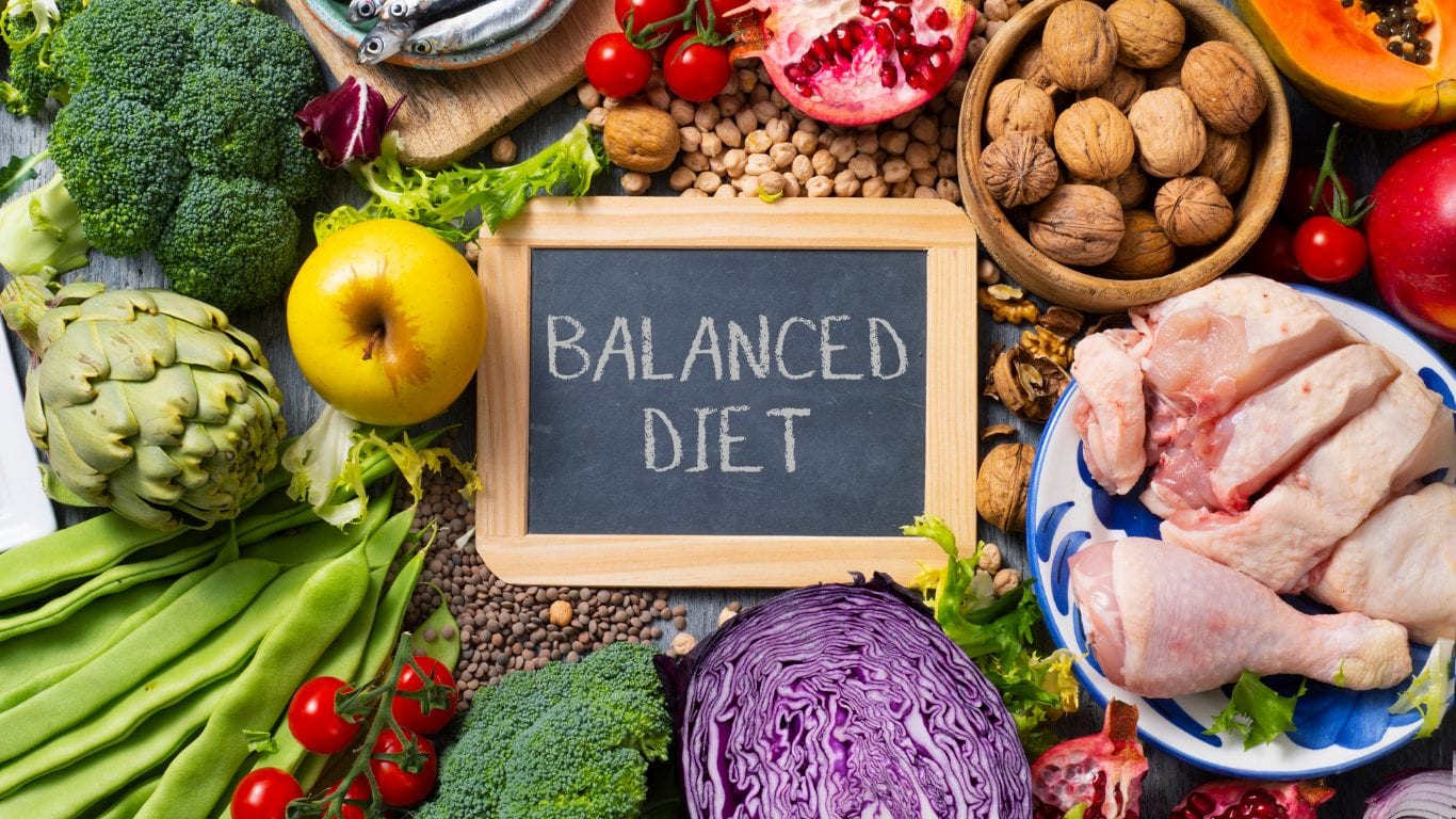 An overhead spread of vegetables, fruit, nuts, pulses, fish and poultry around a slate reading balanced diet.