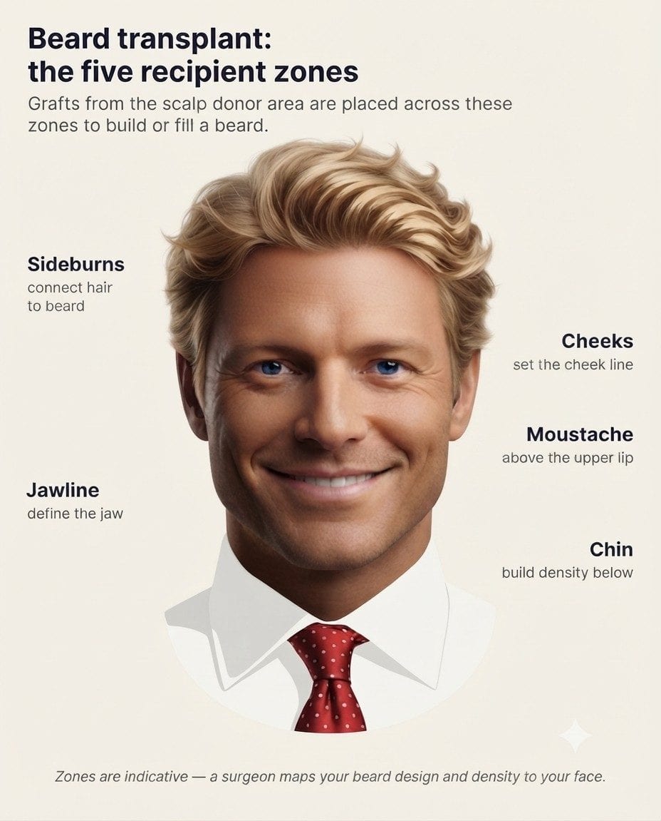 The five main beard transplant zones marked on a man's face, sideburns, cheeks, moustache, jawline and chin.