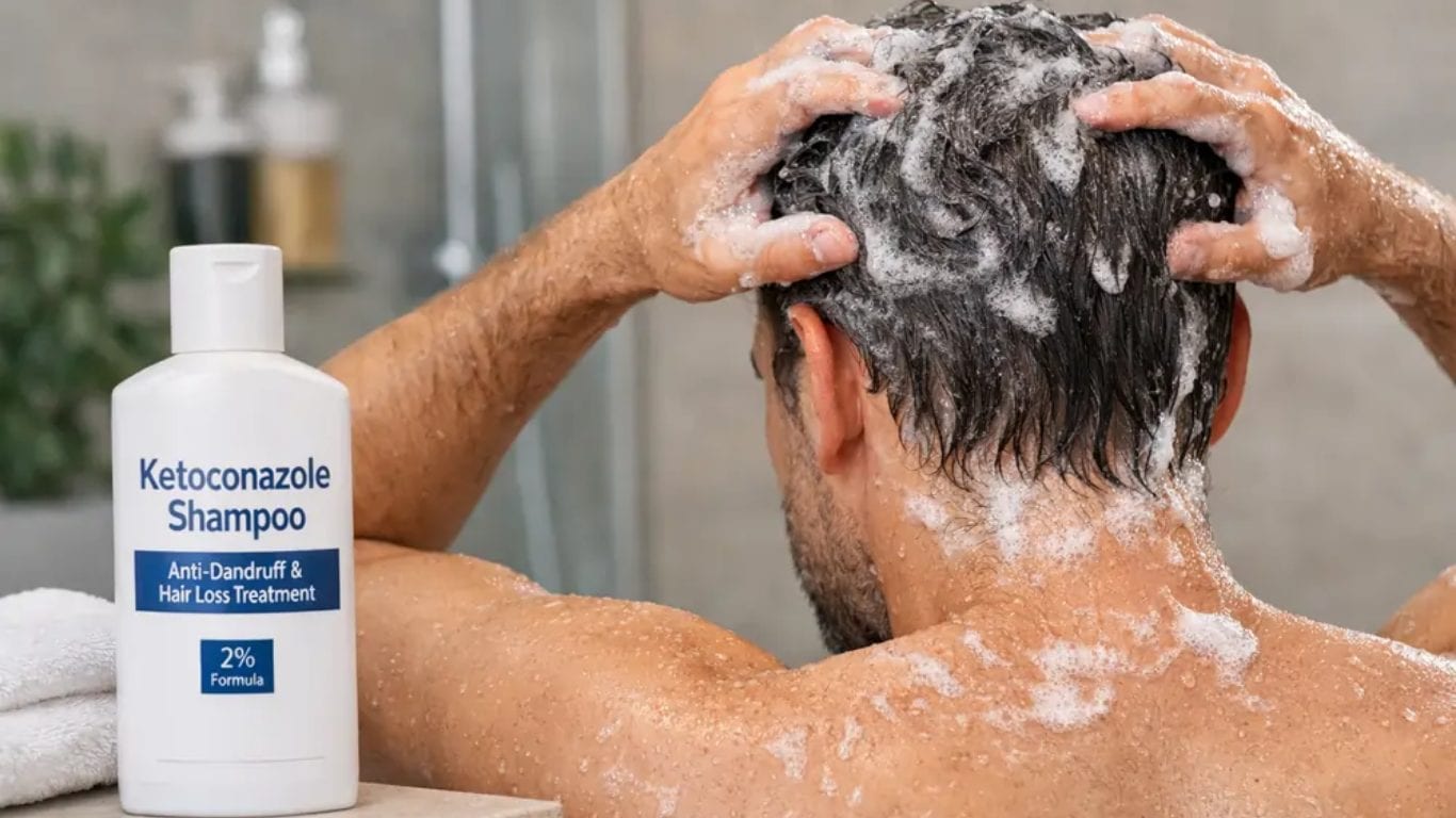 A man washing his hair with a lathered anti-dandruff shampoo, with the bottle beside him.